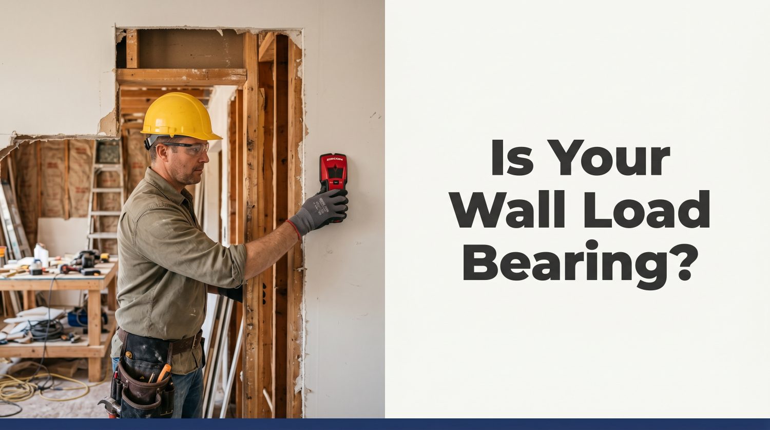 Construction worker using stud finder on interior wall to identify load bearing wall in Toronto home renovation