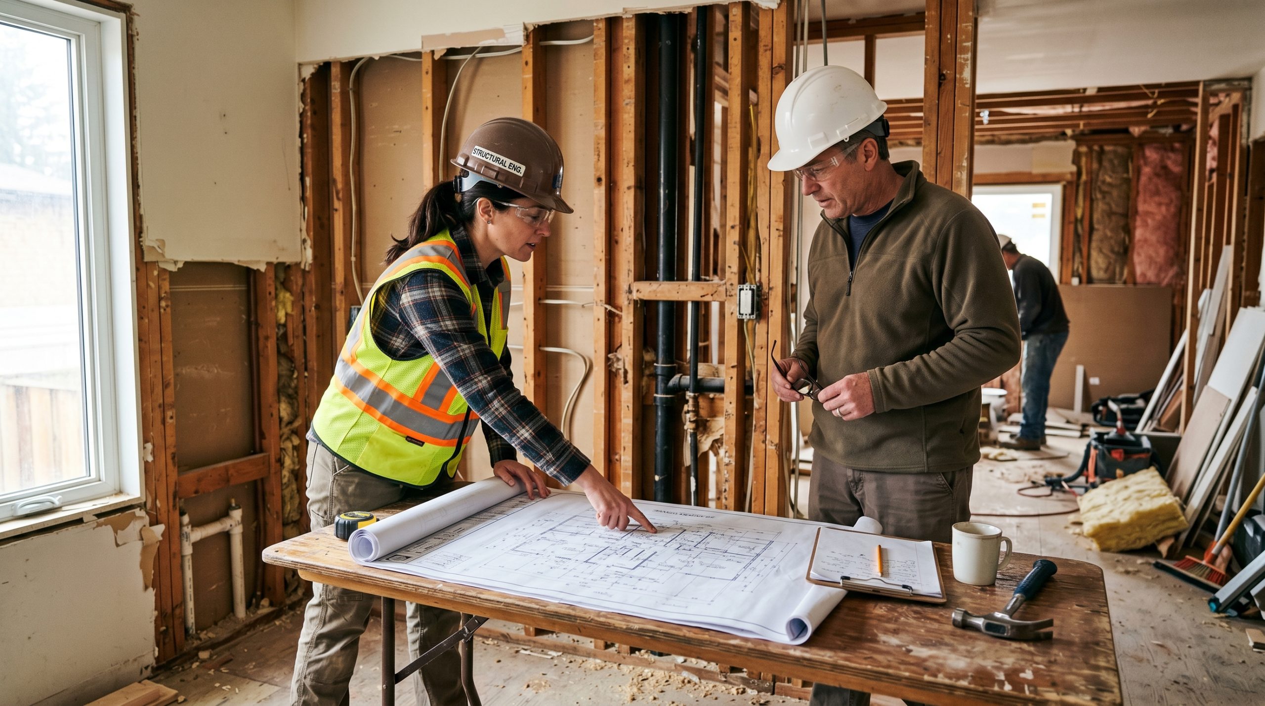 Structural engineer and homeowner reviewing architectural drawings at a Toronto home renovation site
