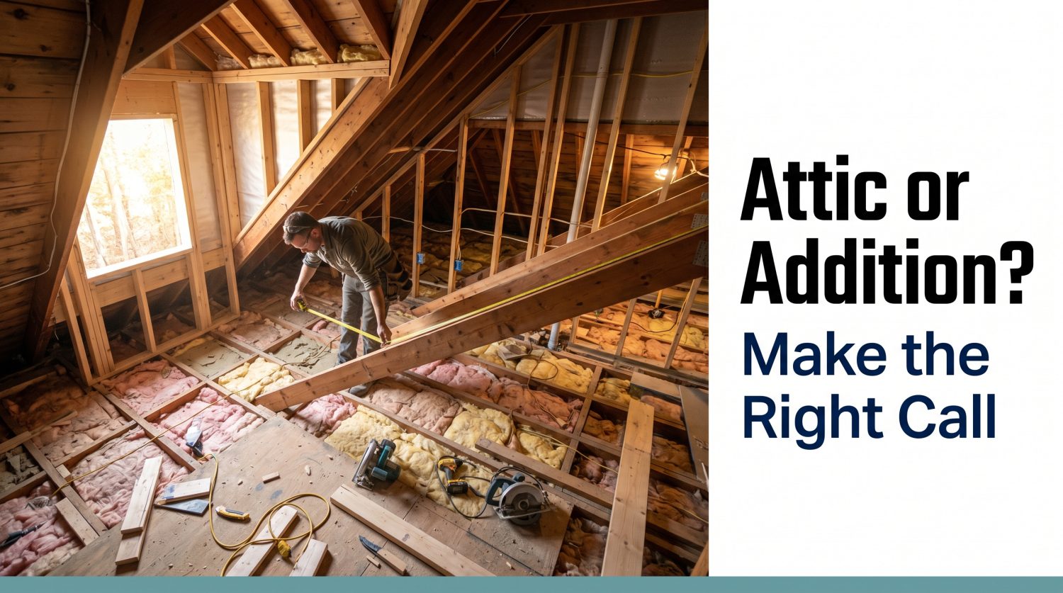 Attic space mid-renovation showing exposed rafters and contractor measuring for a Brampton attic conversion or home addition decision