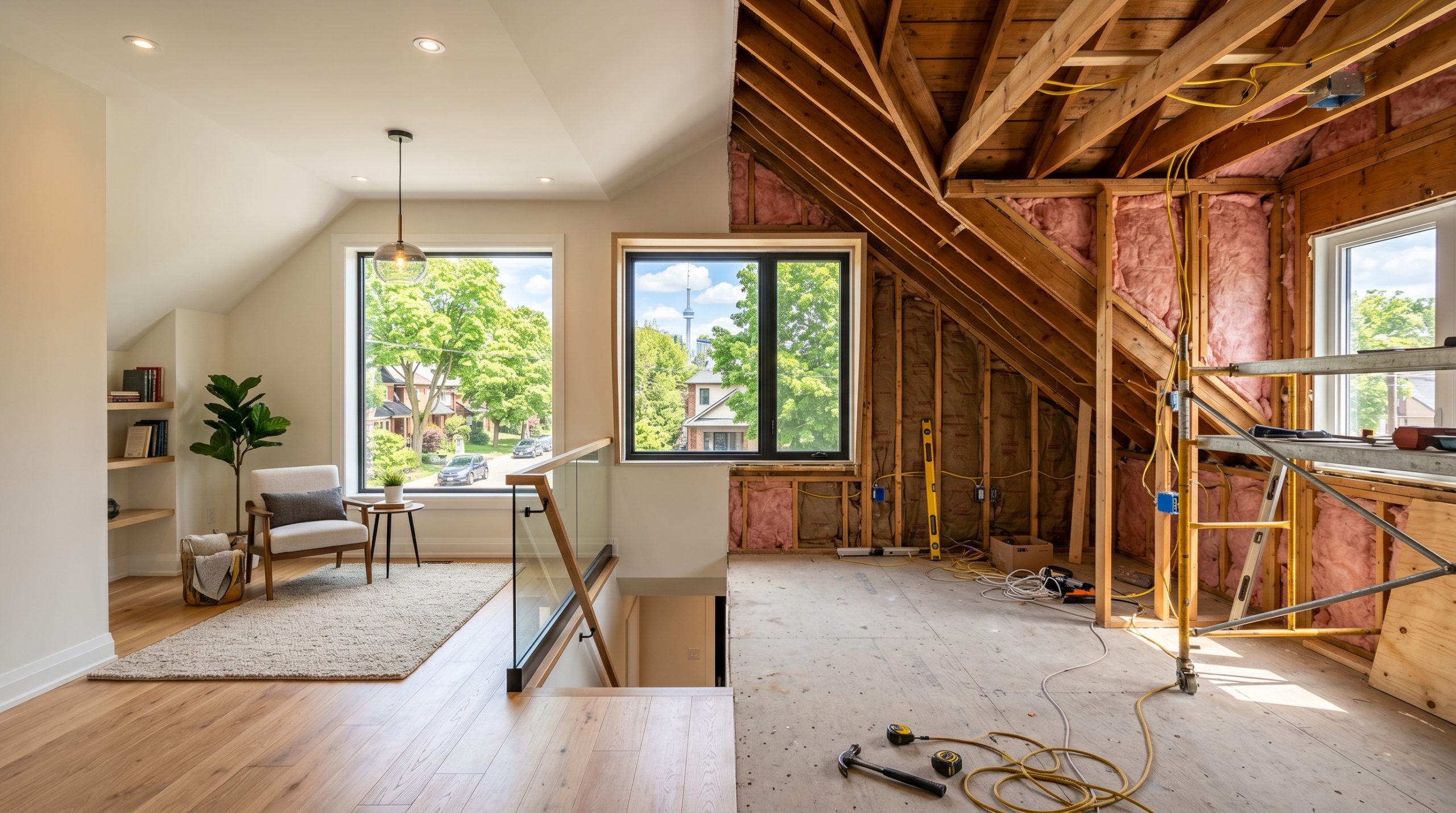 Attic space mid-conversion in Brampton home showing exposed rafters hardwood flooring and dormer window rough opening