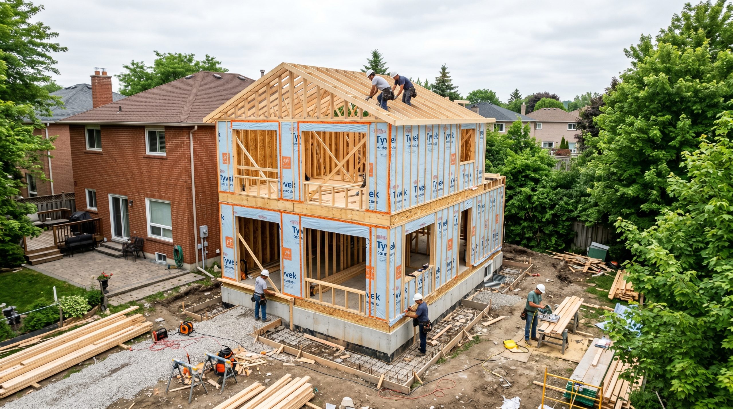 Rear home addition under construction in Brampton suburban neighbourhood showing new wooden framing and concrete foundation