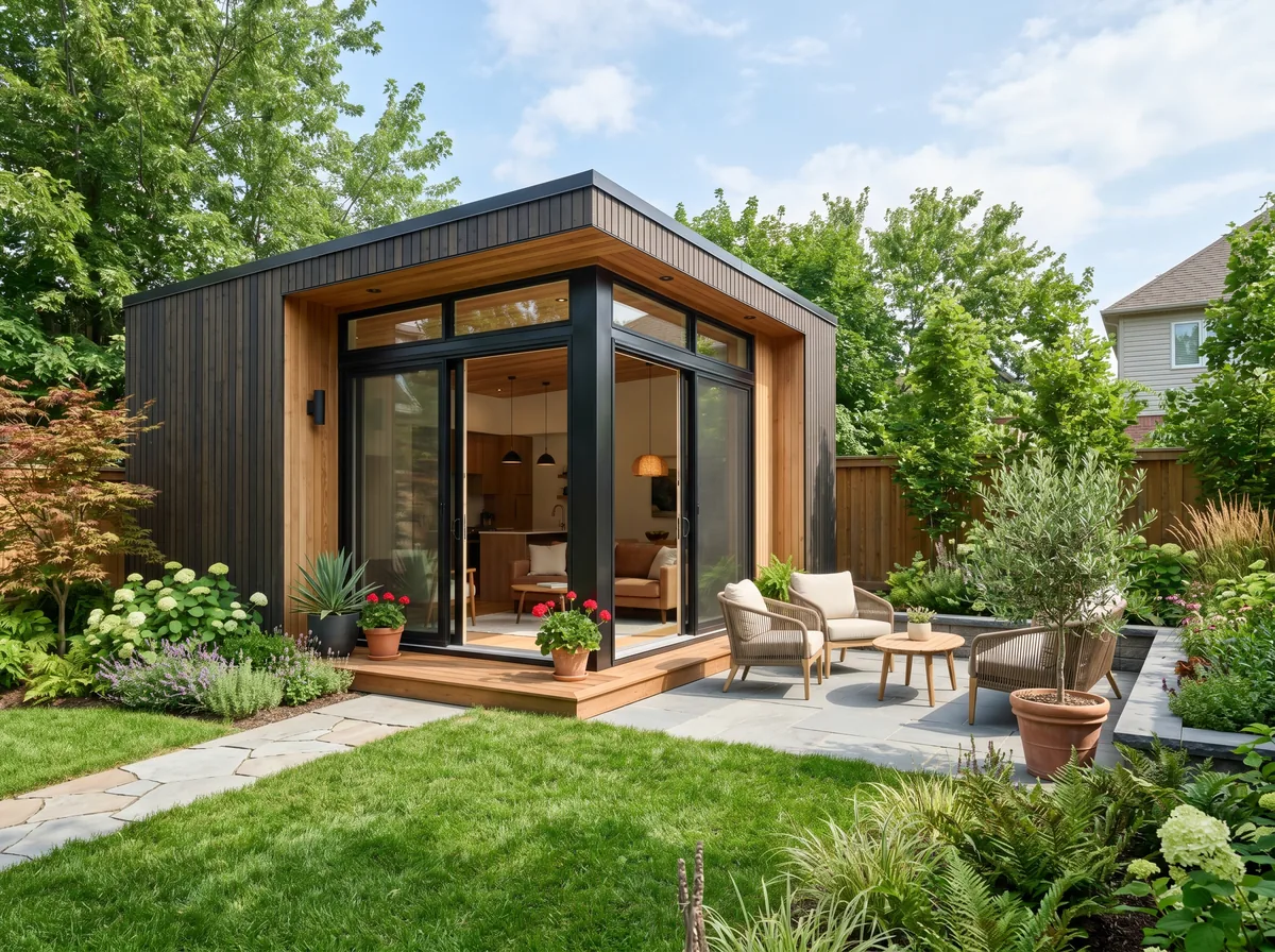 A modern detached garden suite in a Mississauga backyard with large windows and its own entrance