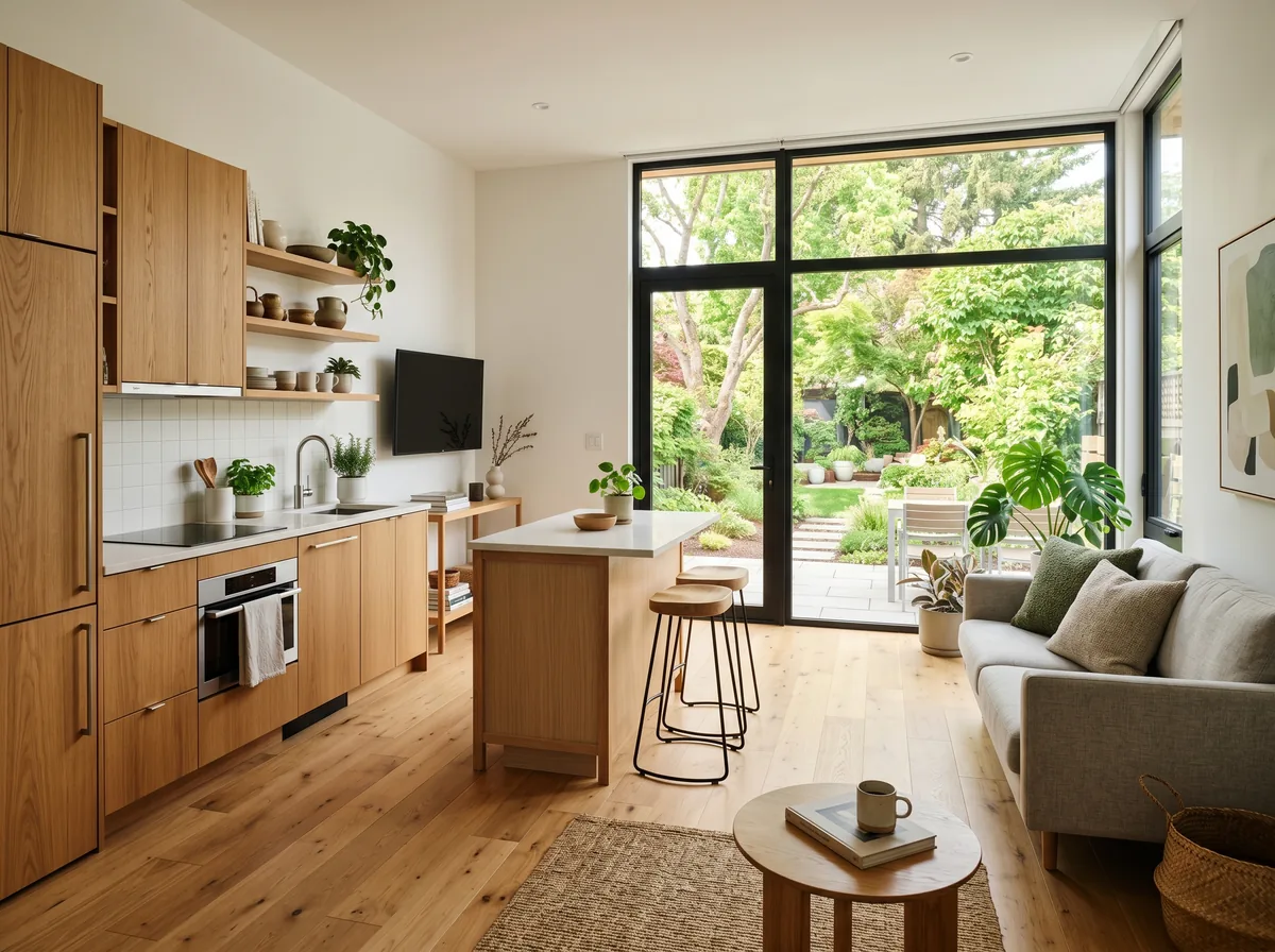 Bright open interior of a garden suite showing a compact kitchen and living area