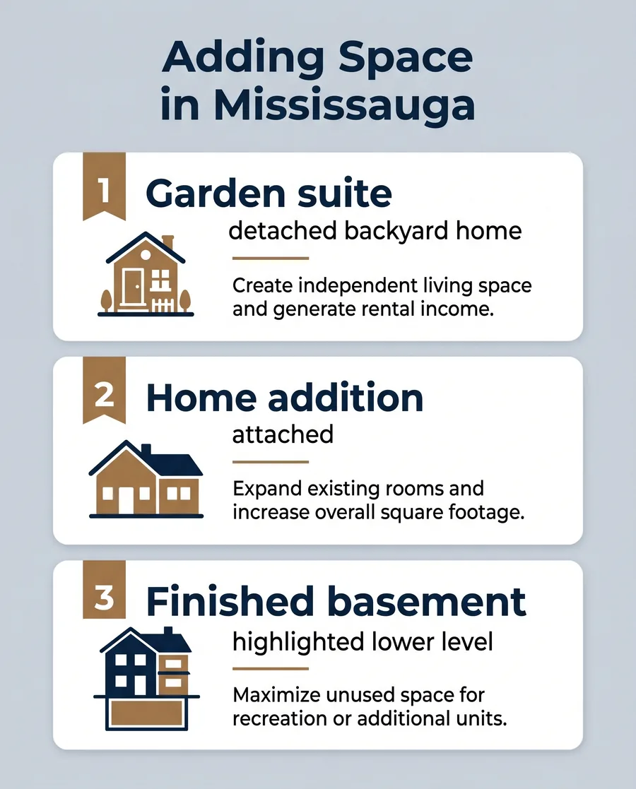 Infographic comparing a garden suite, a home addition, and a finished basement in Mississauga