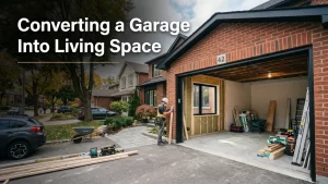 Garage conversion in Toronto, an attached garage being framed into a new insulated living space