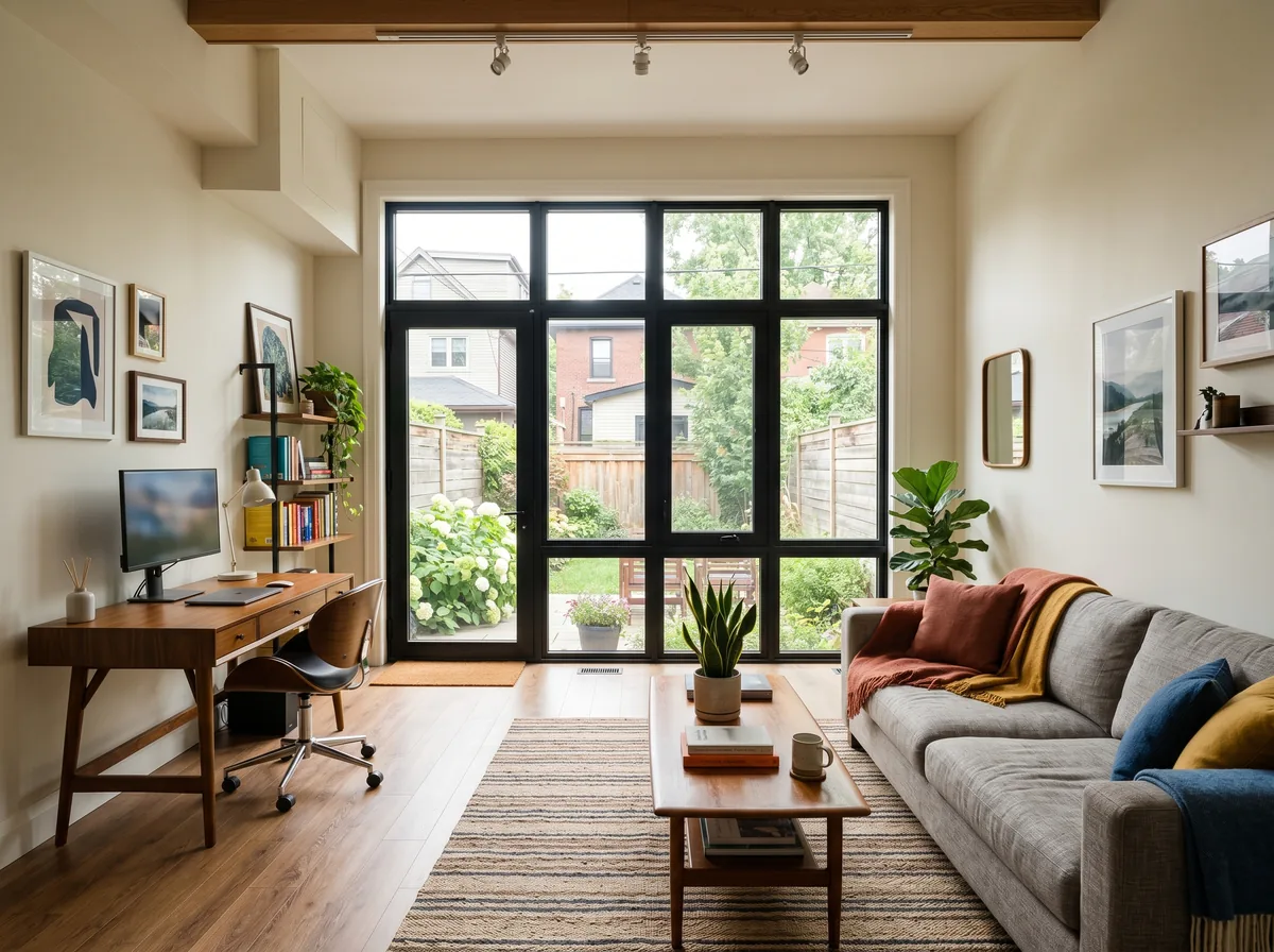 A converted garage finished as a bright living space with insulated walls and a new floor in a Toronto home