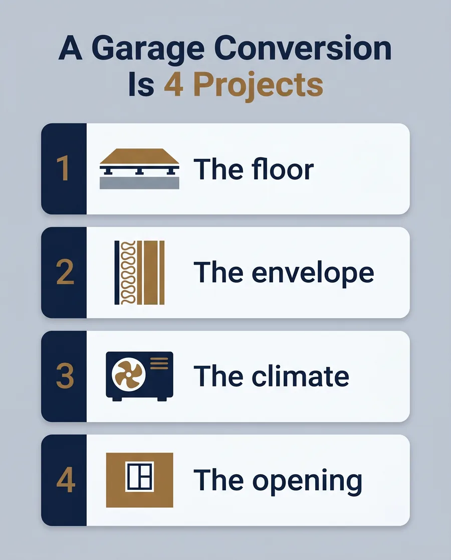 Infographic showing a garage conversion as four projects: the floor, envelope, climate, and door opening