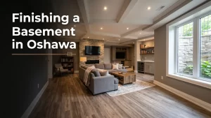 Basement renovations in Oshawa, a finished basement living space with warm lighting and a large window