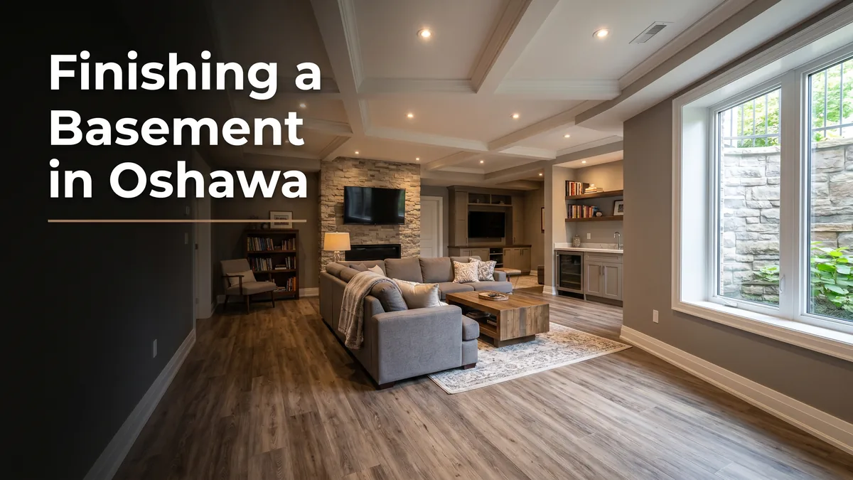 Basement renovations in Oshawa, a finished basement living space with warm lighting and a large window