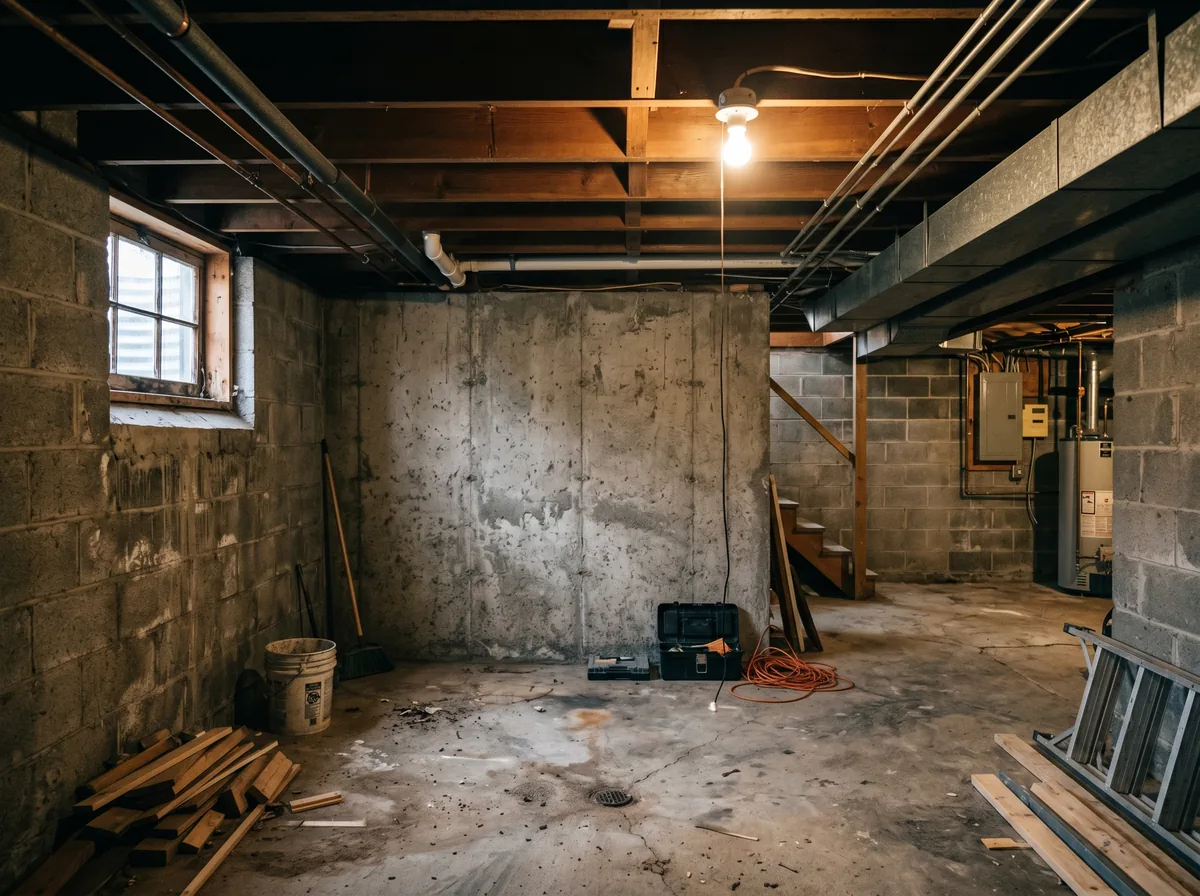 An unfinished Oshawa basement with concrete walls and floor before a renovation begins