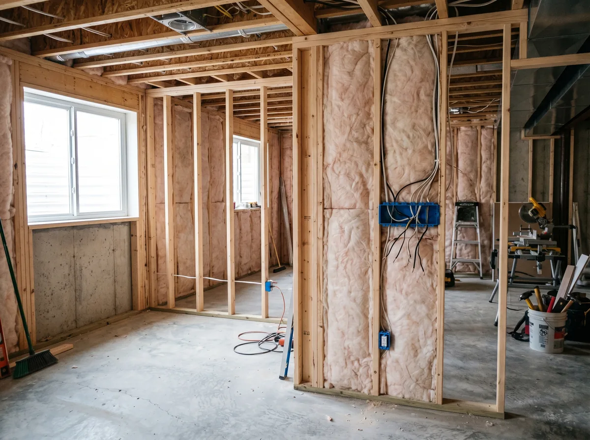 Framed and insulated basement walls in an Oshawa home during renovation, before drywall