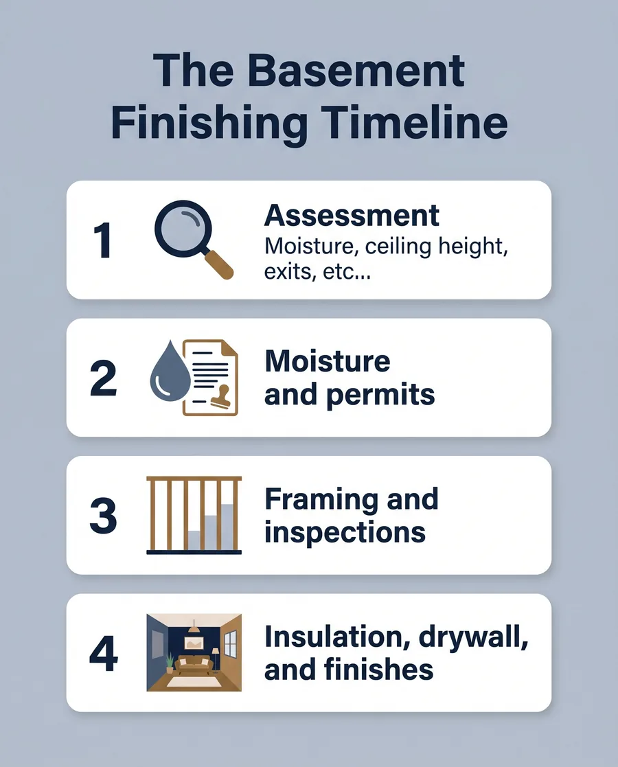 Infographic showing the basement finishing timeline: assessment, moisture and permits, framing, finishes