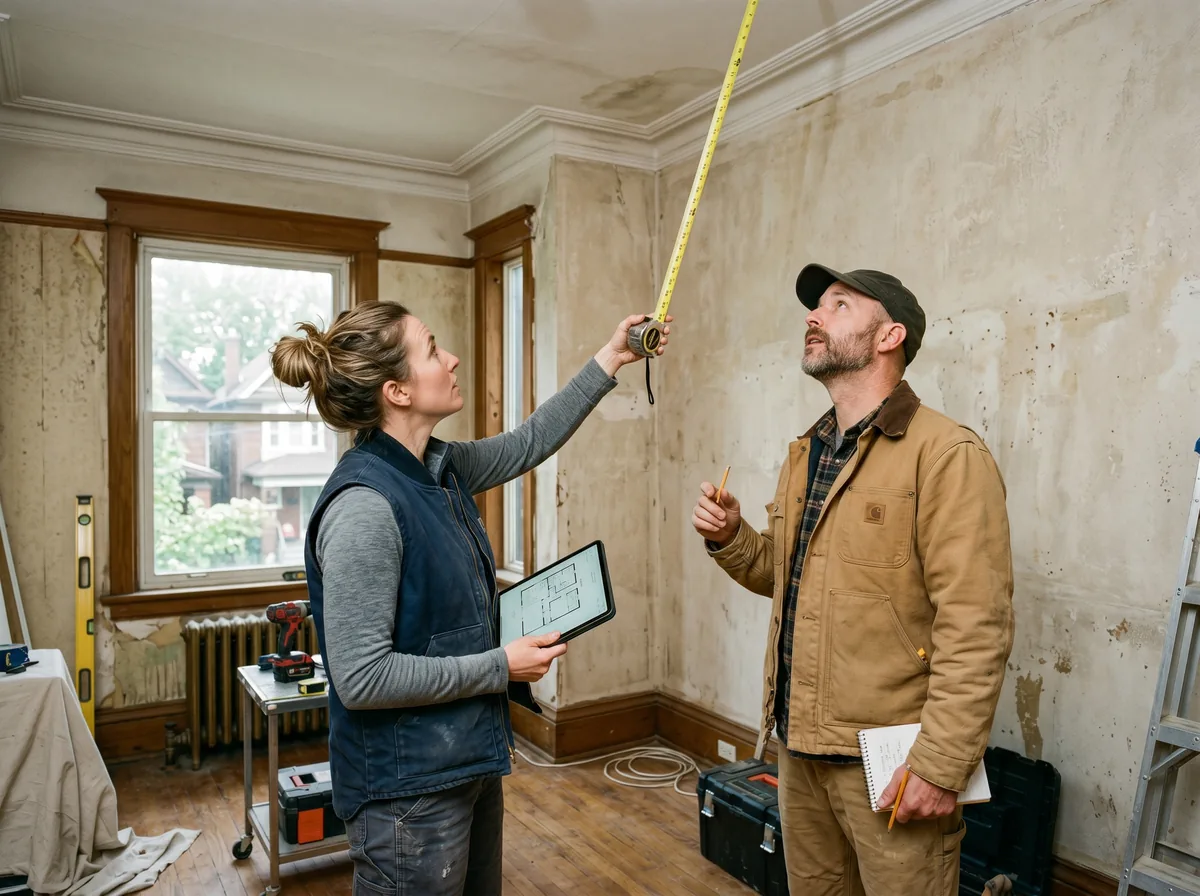 Renovation team assessing an interior wall marked for removal in a Toronto home