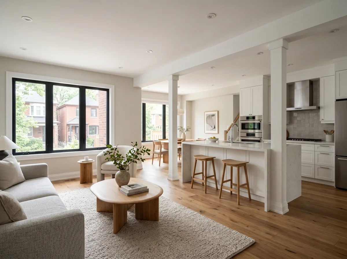 Open-concept main floor in a Toronto home after a load-bearing wall was removed and replaced with a beam