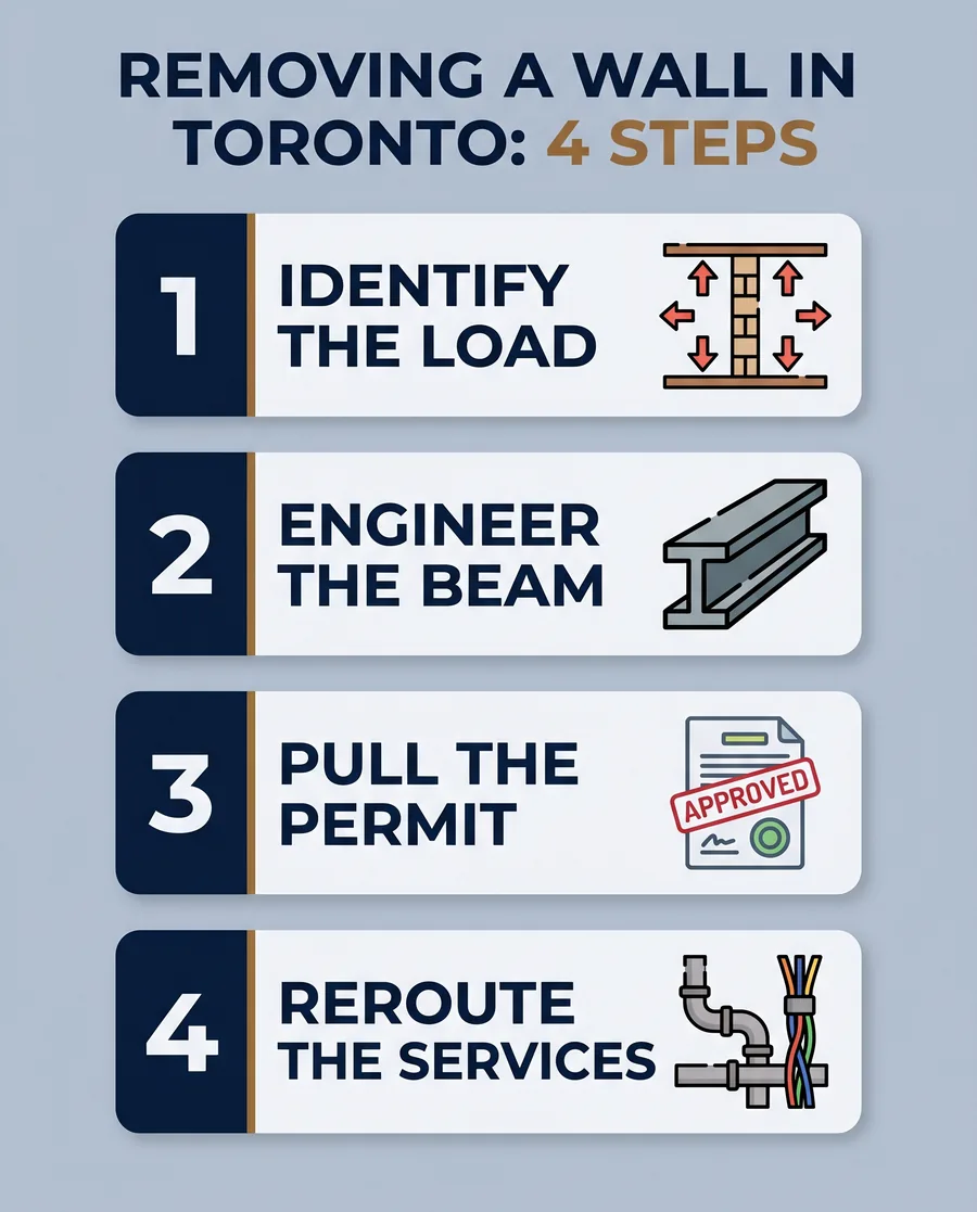 Infographic showing the four steps to remove a wall in Toronto: identify, engineer, permit, services