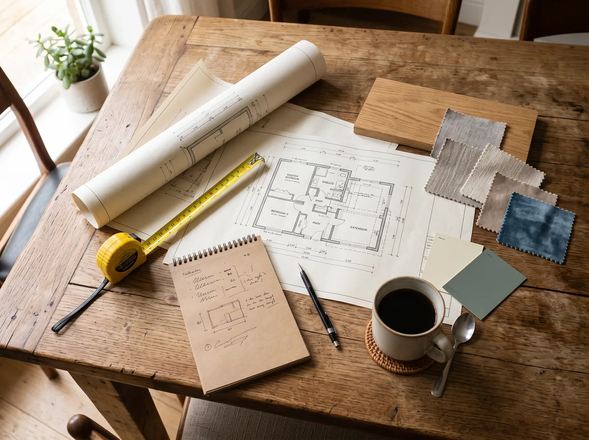 Flat lay of architectural floor plans and planning materials for a home addition on a table