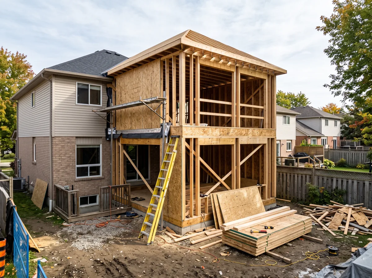 Wood-framed rear home addition under construction joining an existing suburban house