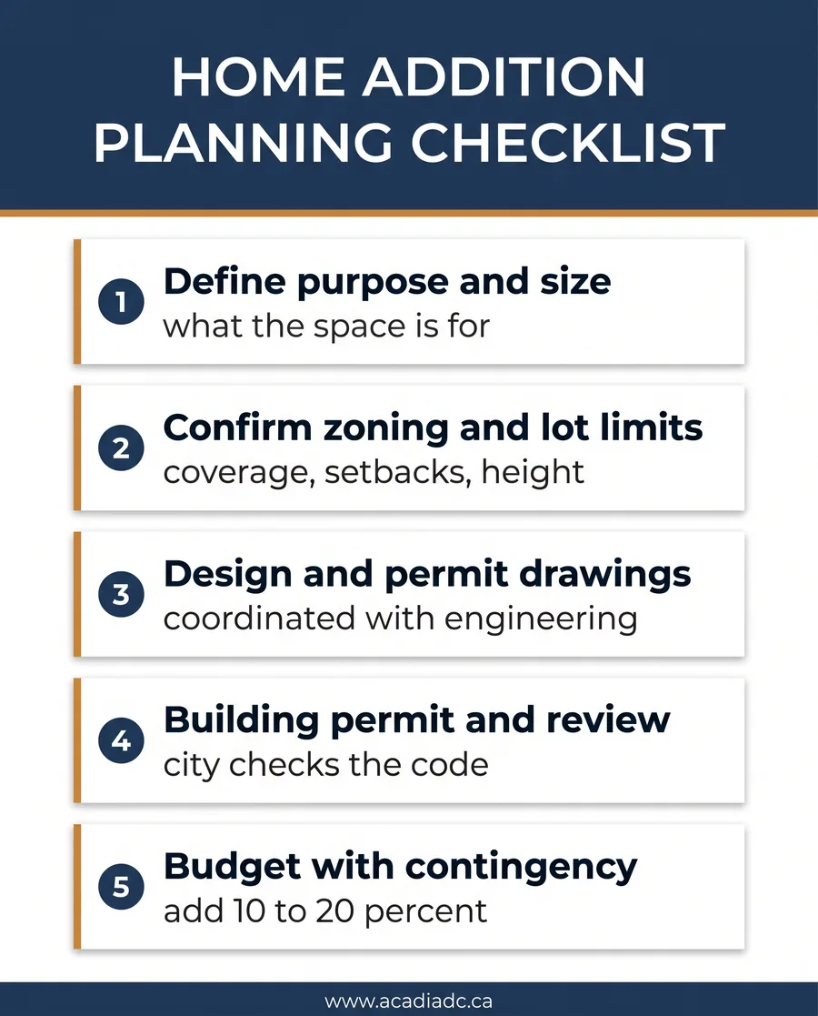 Five-step home addition planning checklist for Kitchener covering purpose, zoning, design, permit, and budget
