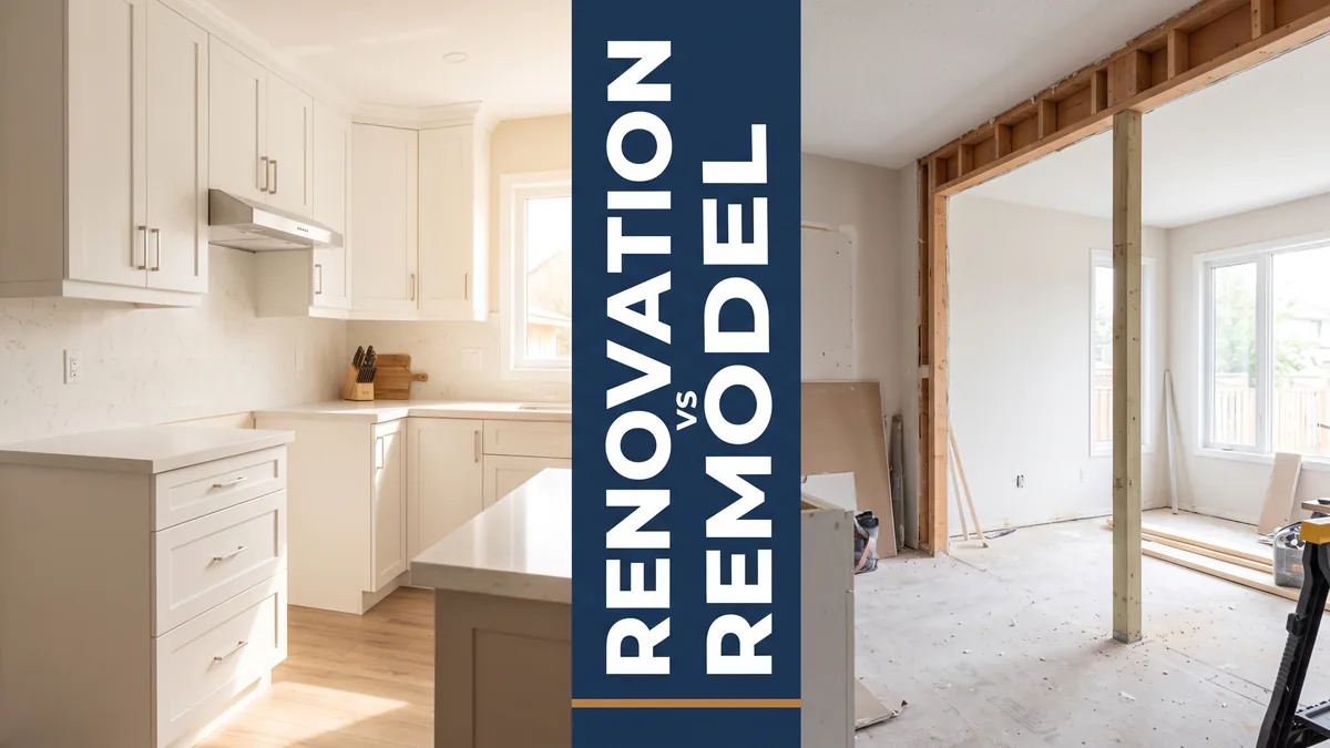 Split image of an updated kitchen and a mid-remodel interior showing renovation vs remodel in Ontario