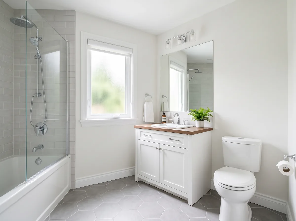 Freshly renovated bathroom with new tile and vanity kept in the same layout, a classic renovation