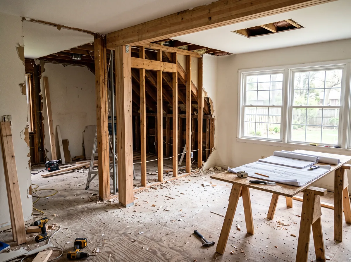 Interior wall being opened during a remodel with exposed framing and a temporary support beam