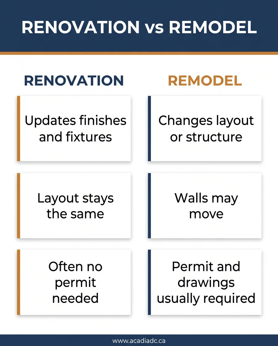 Card comparison of renovation vs remodel in Ontario by finishes, layout, walls, and permits