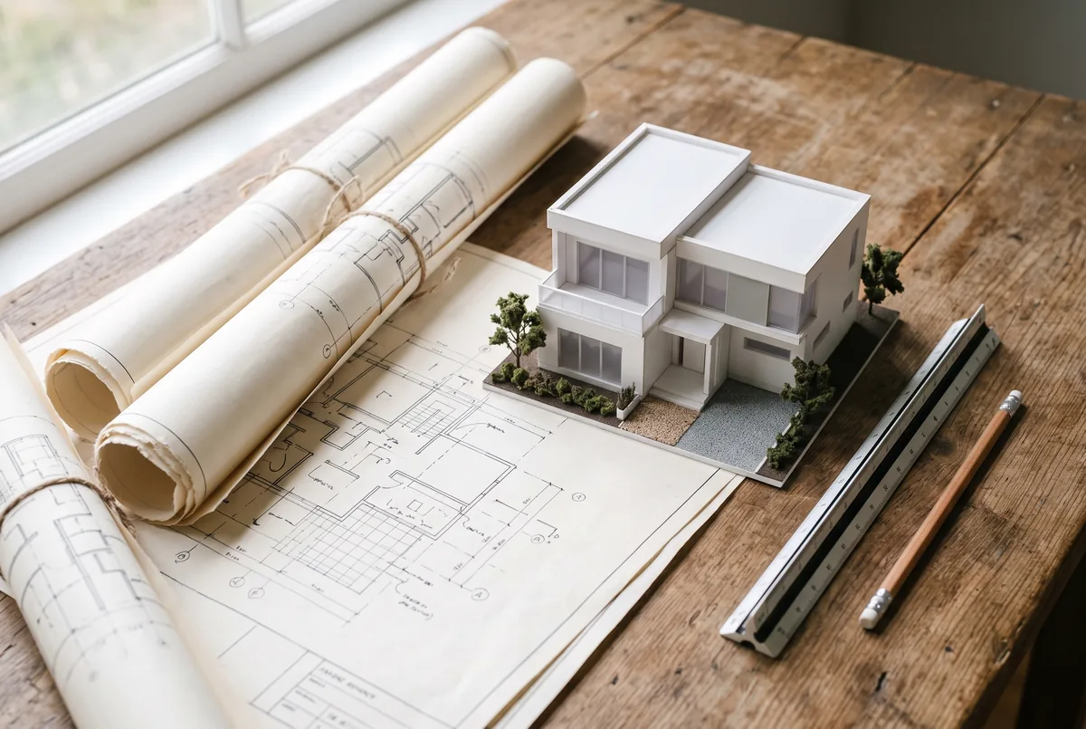 Blueprints and a model for a custom home in Brampton