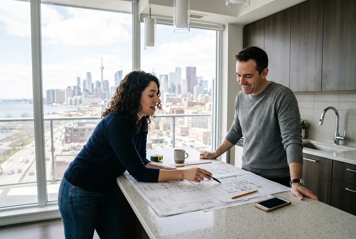 Reviewing floor plans before a condo renovation in Toronto