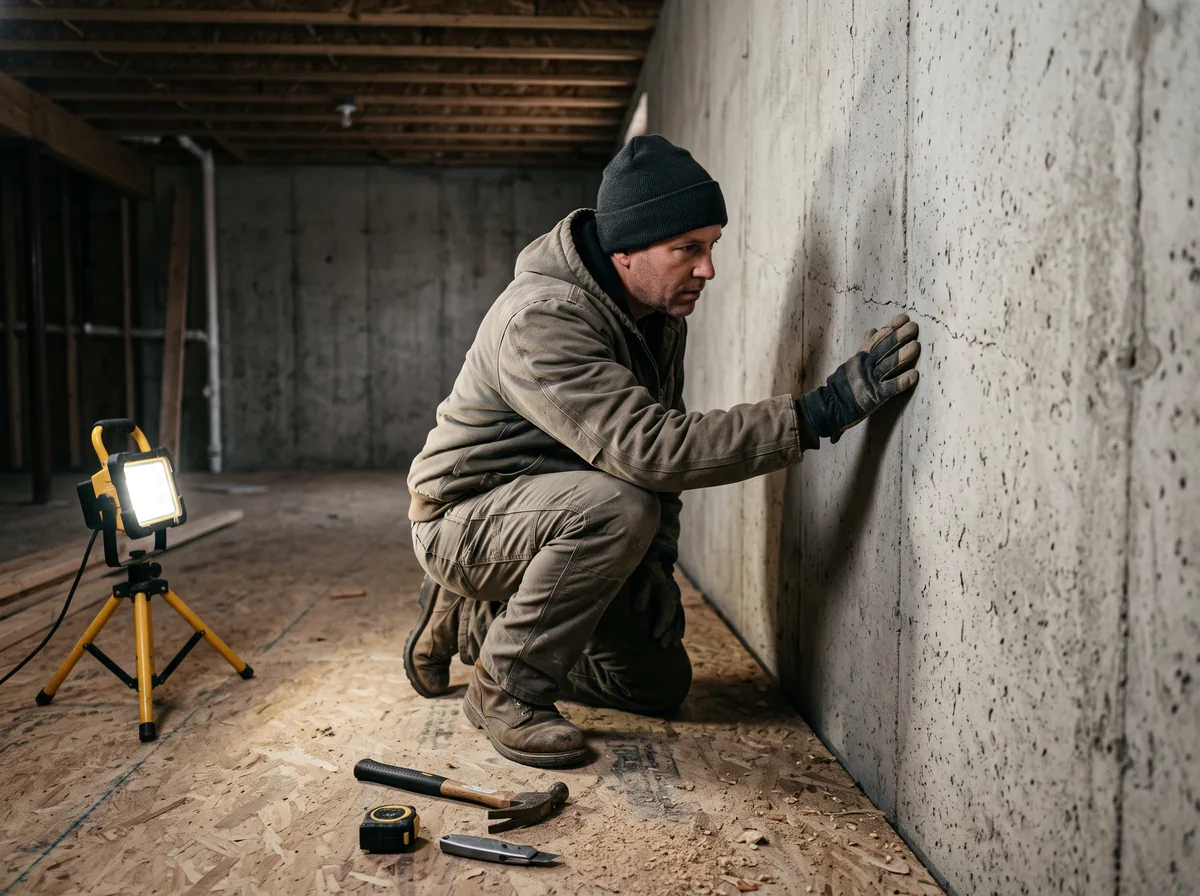 Contractor inspecting a bare concrete foundation wall for moisture before basement framing begins in Barrie