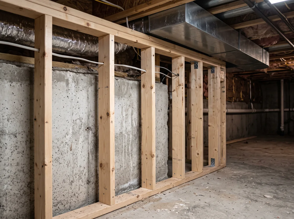Framed basement wall in Barrie built with a gap between the studs and the concrete foundation to allow airflow and inspection