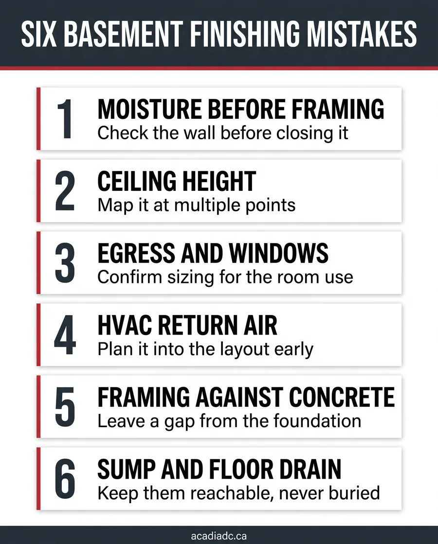 Card diagram listing six basement finishing mistakes to avoid, from moisture and ceiling height to the sump pit