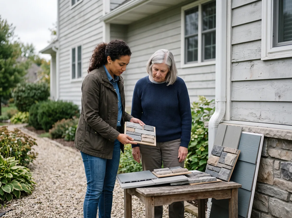 Homeowner and designer reviewing siding and stone veneer samples against a Toronto house exterior during a planning visit