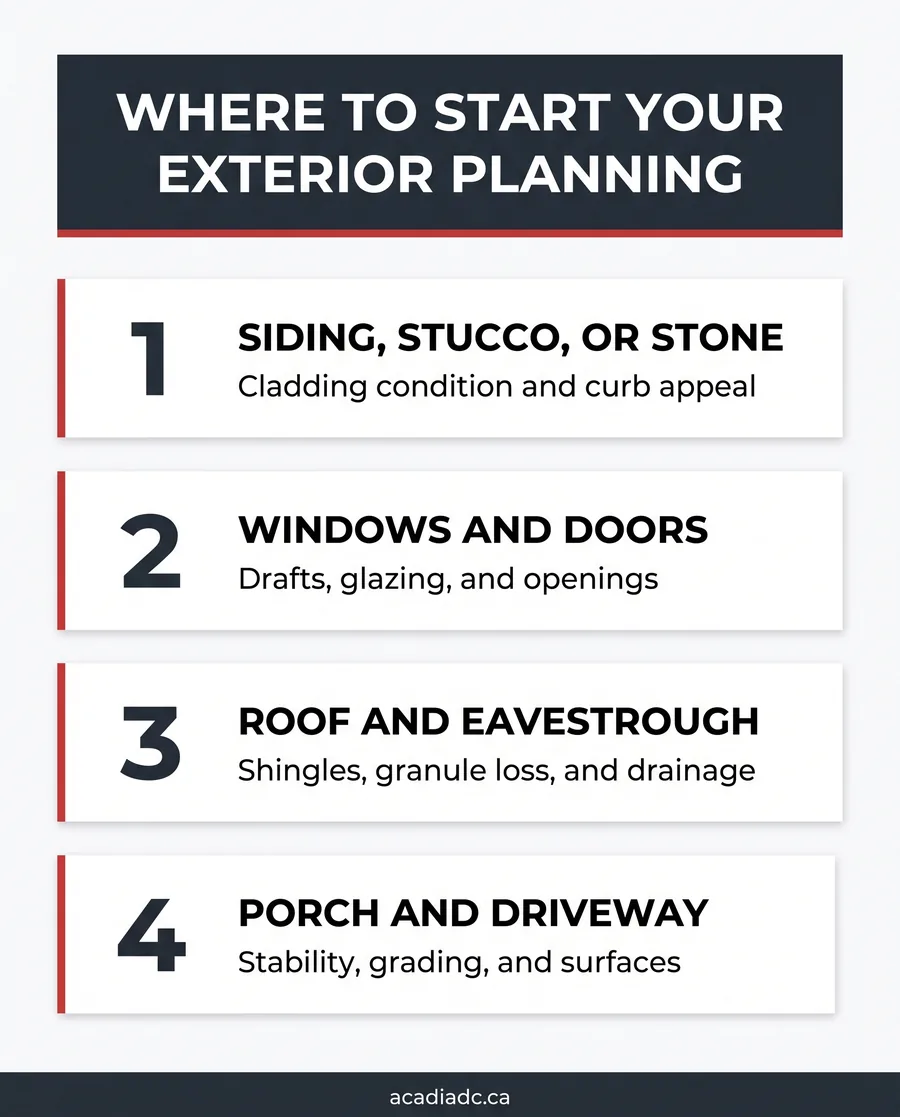 Card diagram of four starting points for exterior renovation planning in Toronto