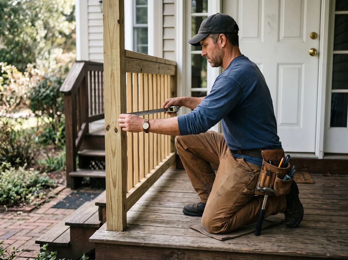 Contractor measuring a porch railing section for an exterior renovation on a Toronto home